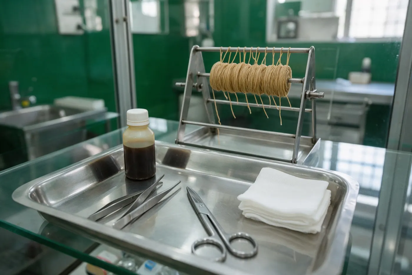 Kshara Sutra threads and sterile instruments prepared for anorectal treatment