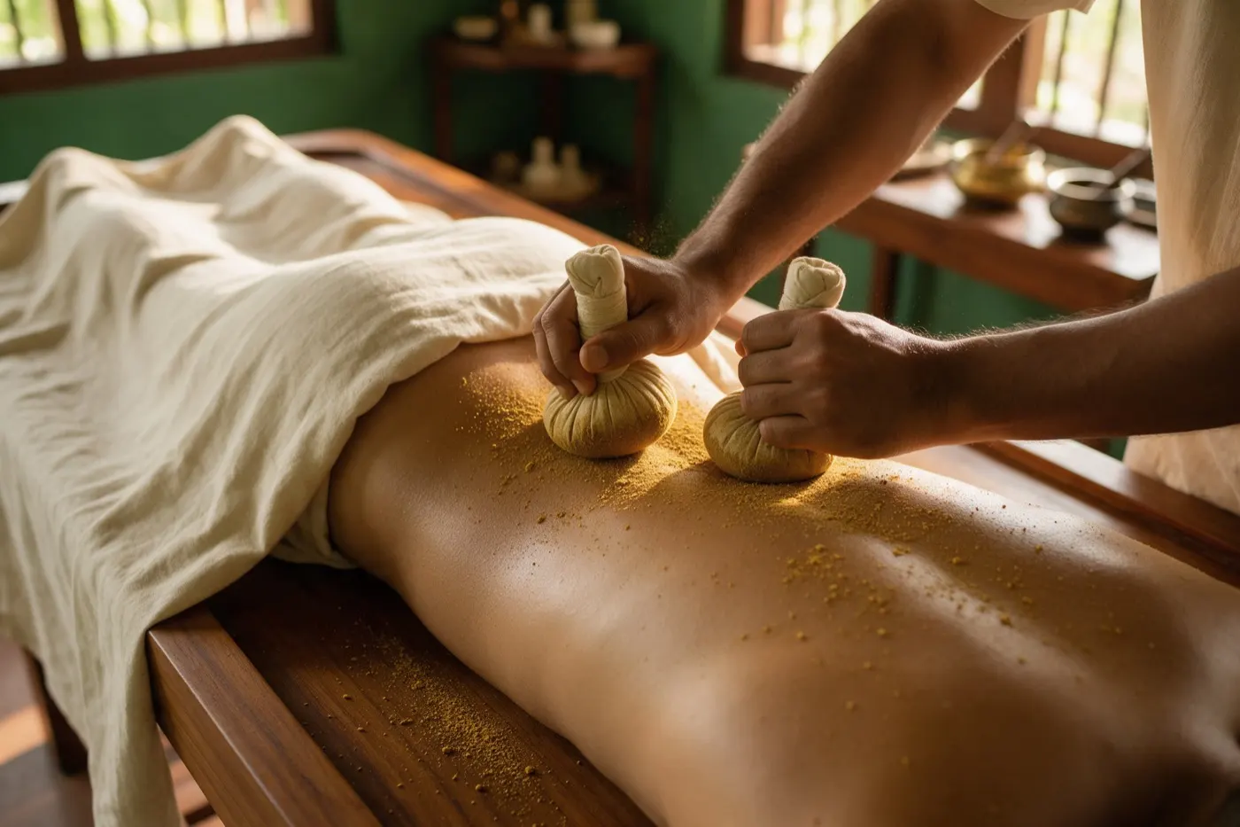 Churna Pind Swedana therapy at an Ayurvedic clinic