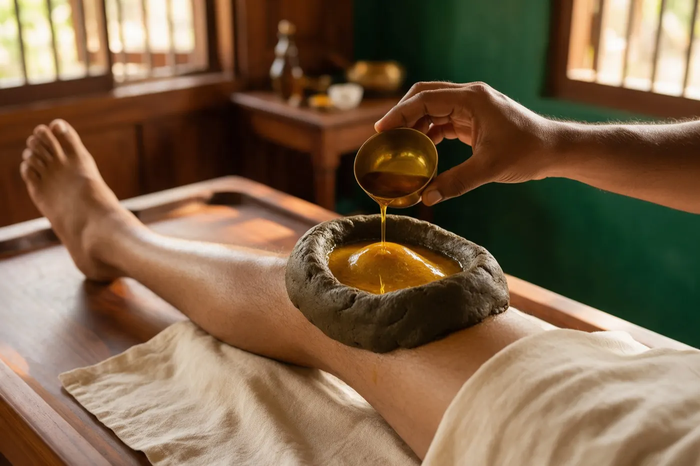 Janu Basti therapy at an Ayurvedic clinic