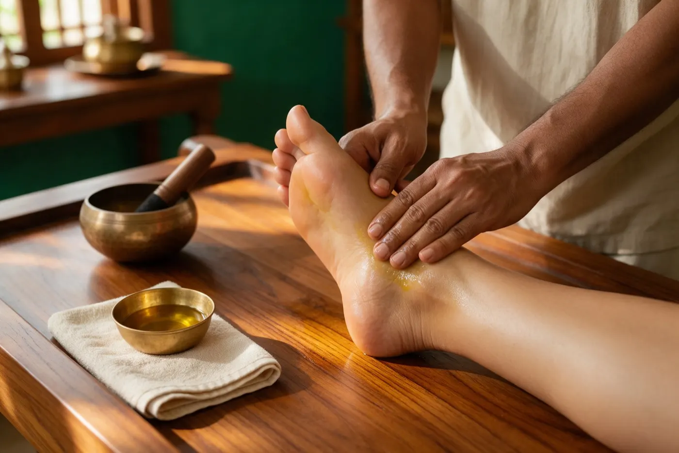 Pada Abhyanga therapy at an Ayurvedic clinic