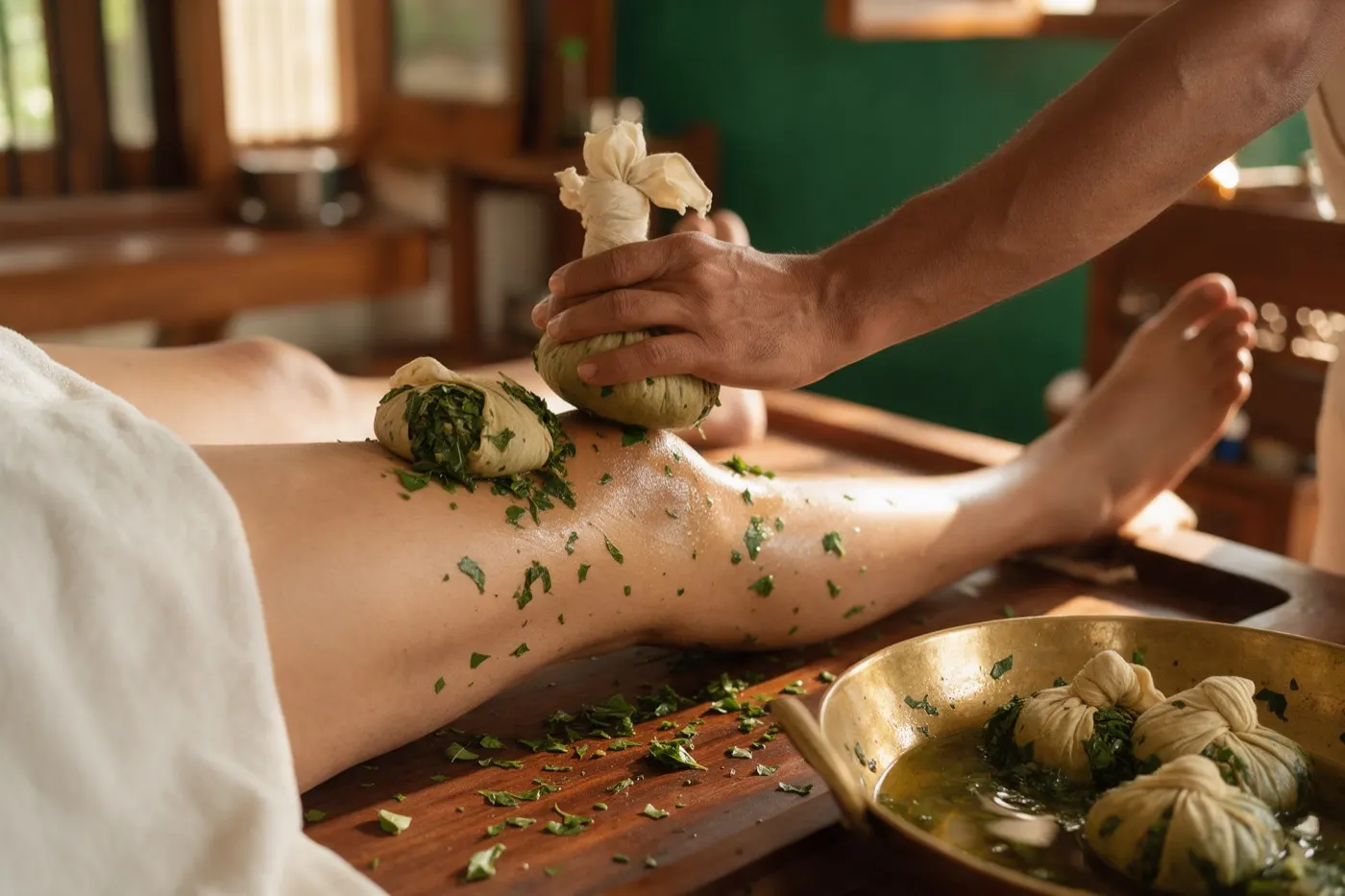 Patra Pind Swedana therapy at an Ayurvedic clinic