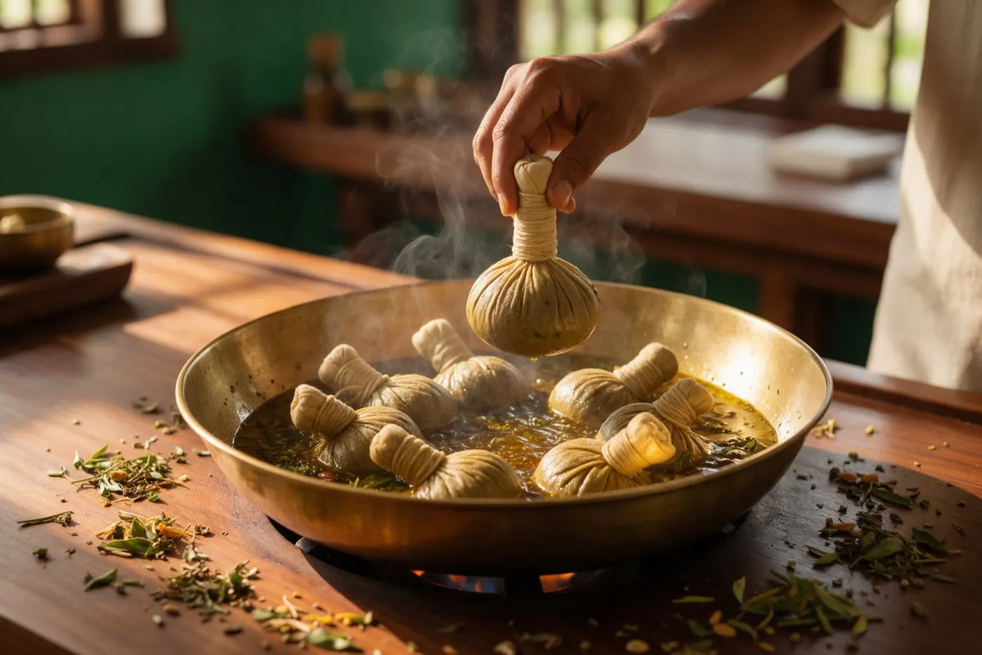 Pottali Sweda therapy at an Ayurvedic clinic
