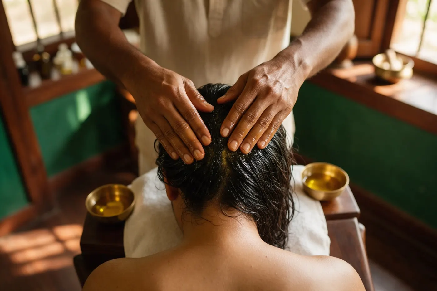 Shiro Abhyanga therapy at an Ayurvedic clinic