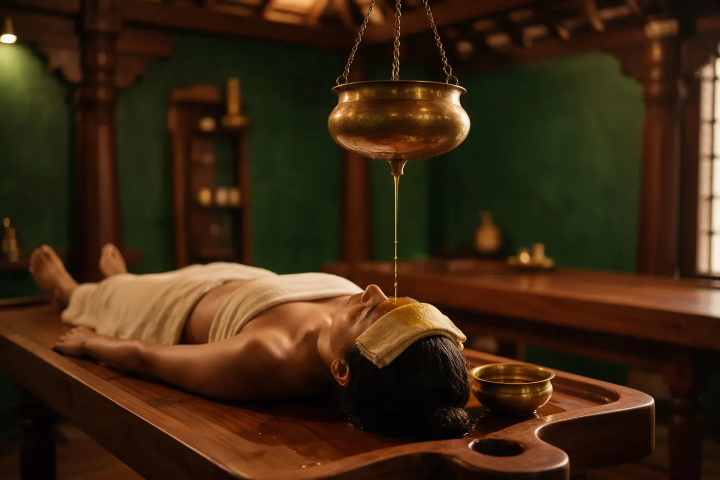 Shiro-Dhara therapy at an Ayurvedic clinic