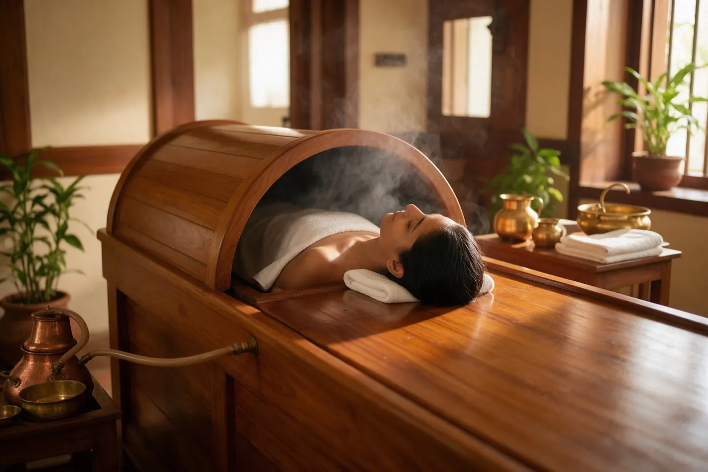 Swedana therapy at an Ayurvedic clinic