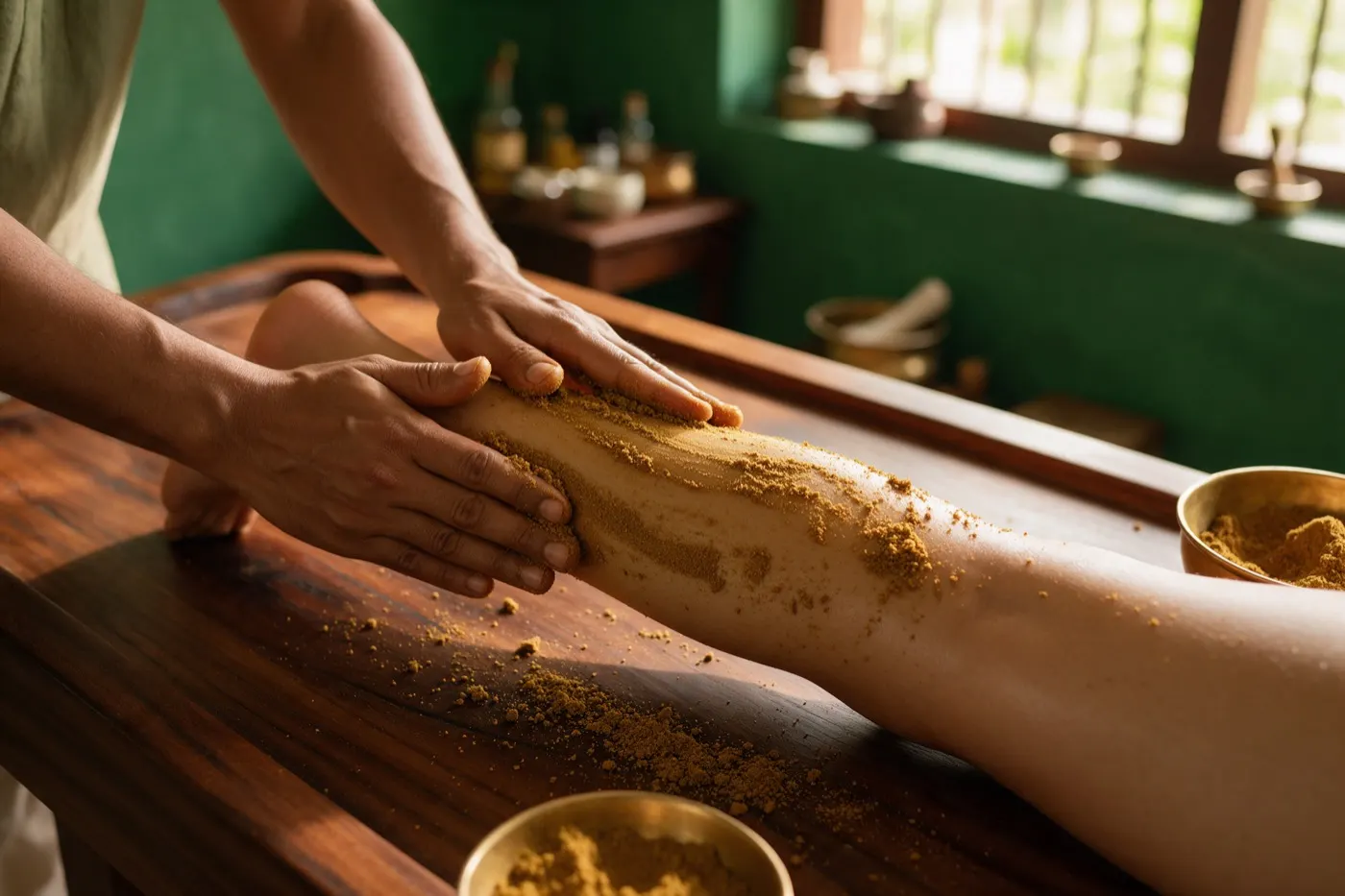 Udvartana therapy at an Ayurvedic clinic