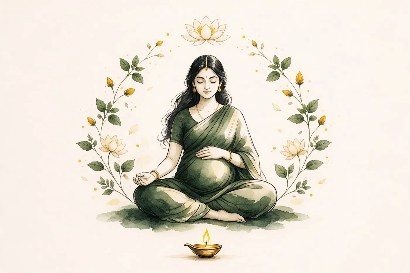 Illustration of a pregnant woman seated in meditation, surrounded by lotus and tulsi motifs