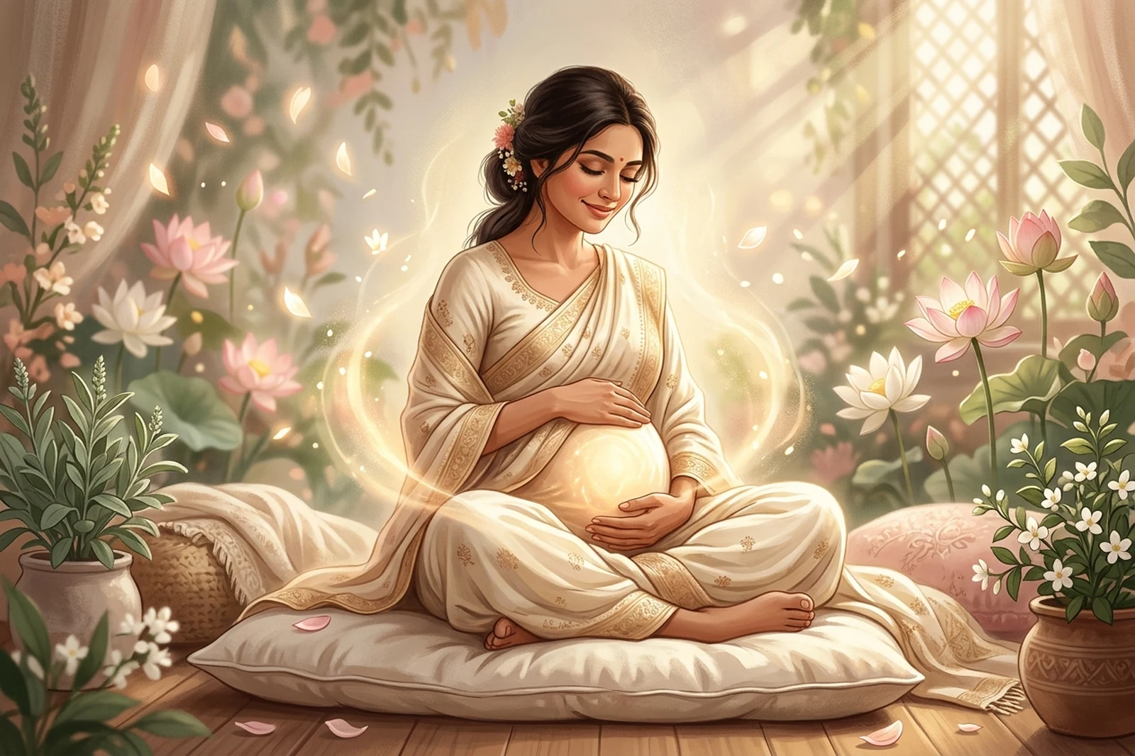 An illustrated pregnant woman seated peacefully in meditation, cradling her glowing womb with lotus flowers