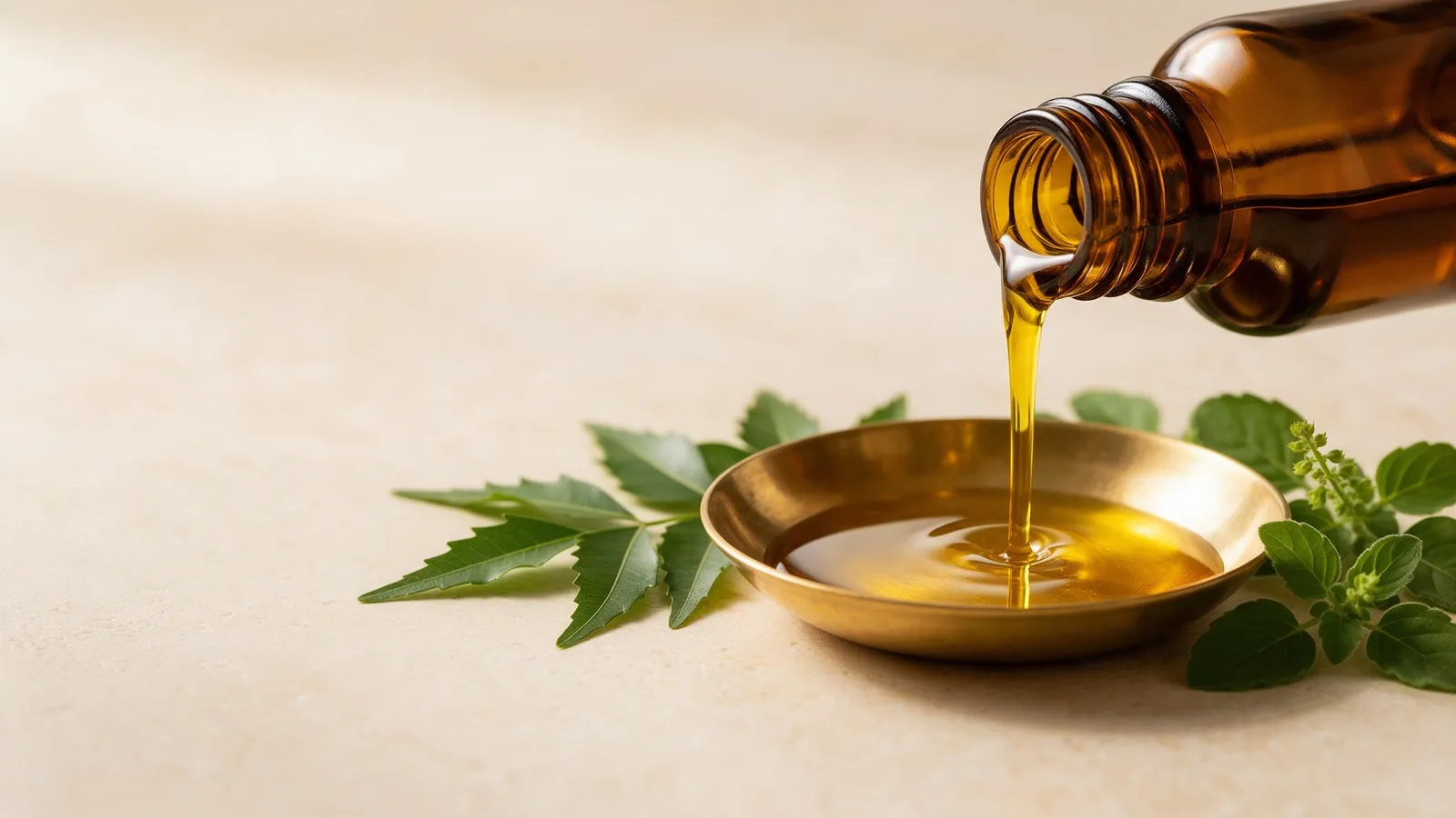 Ayurvedic herbal oil and fresh leaves