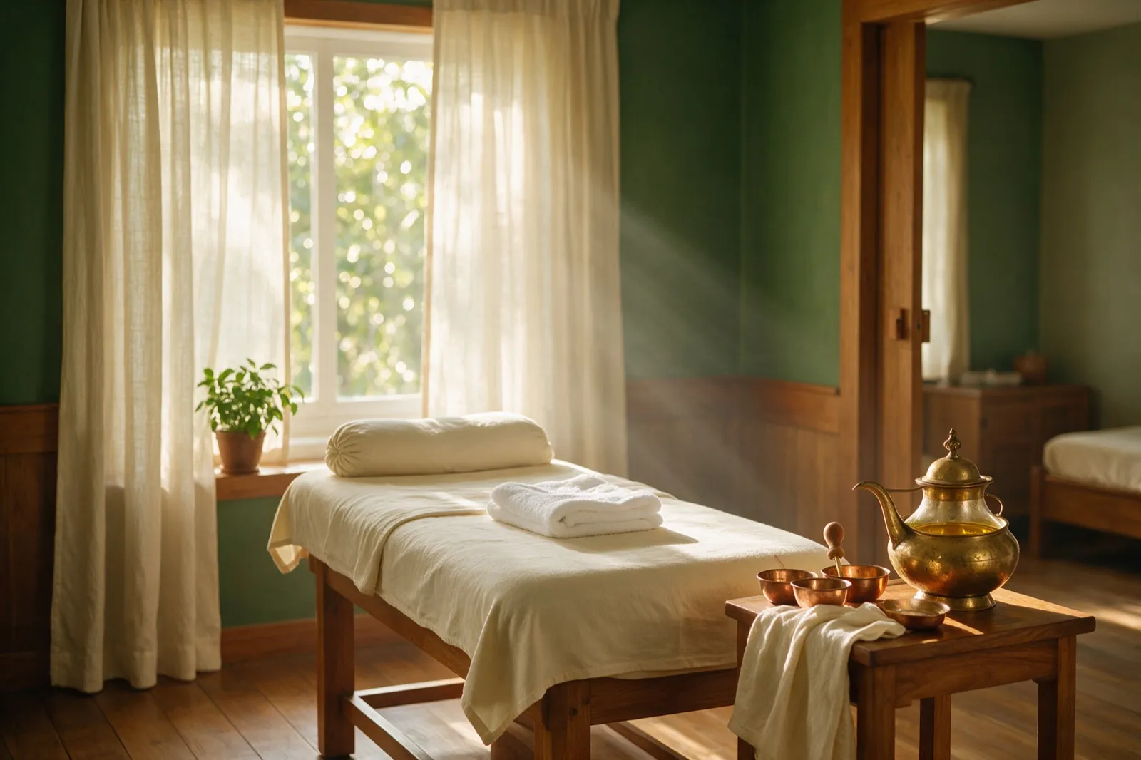 A calm Ayurvedic treatment room with wooden therapy table, cream linen and brass oil vessels