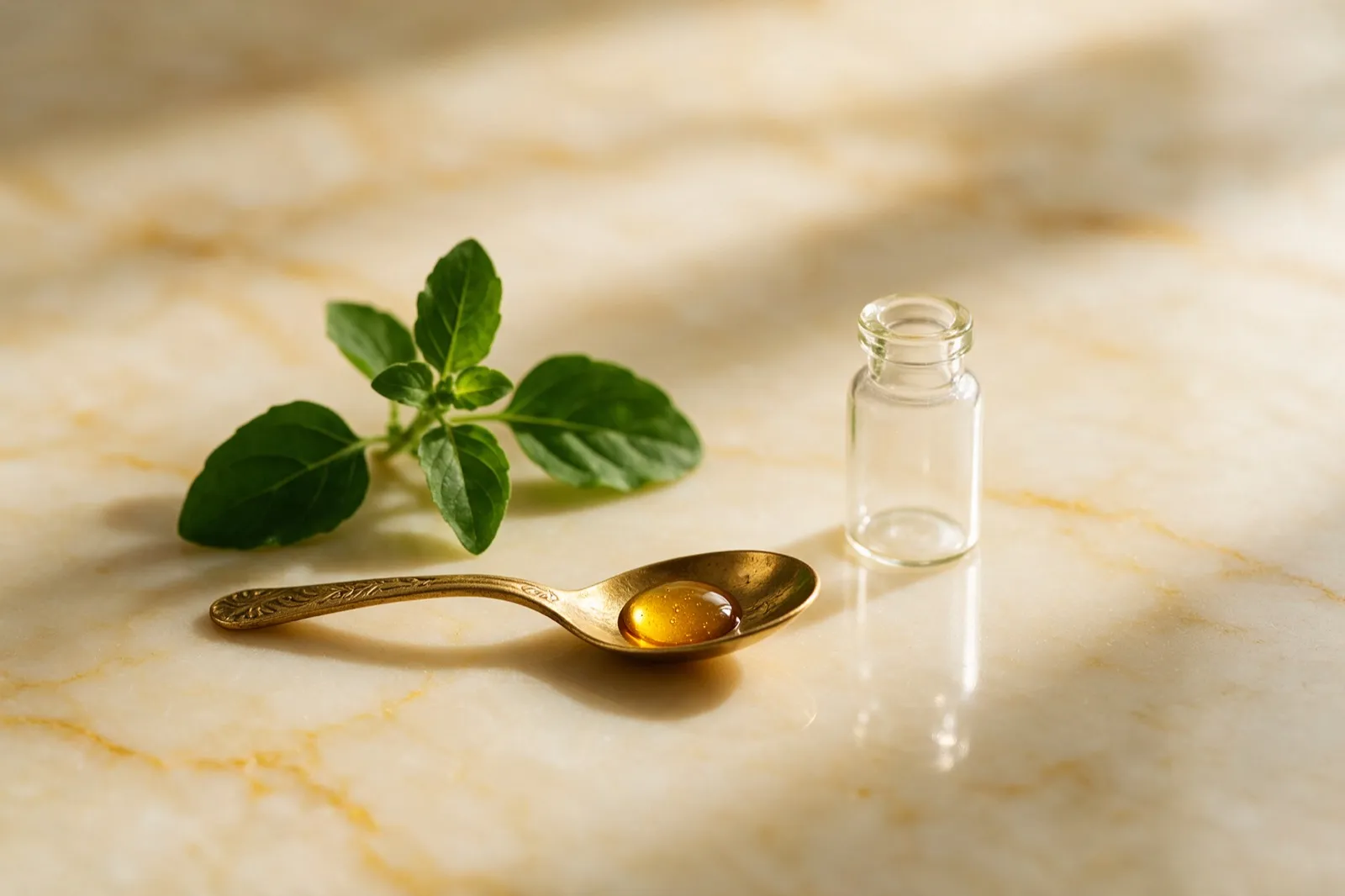 A brass spoon with a drop of honey and fresh tulsi leaves on cream marble